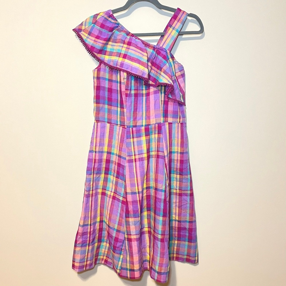Isaac Mizrahi Live! One Shoulder Dress Madras Plaid Ruffle Pom Pom Size 0